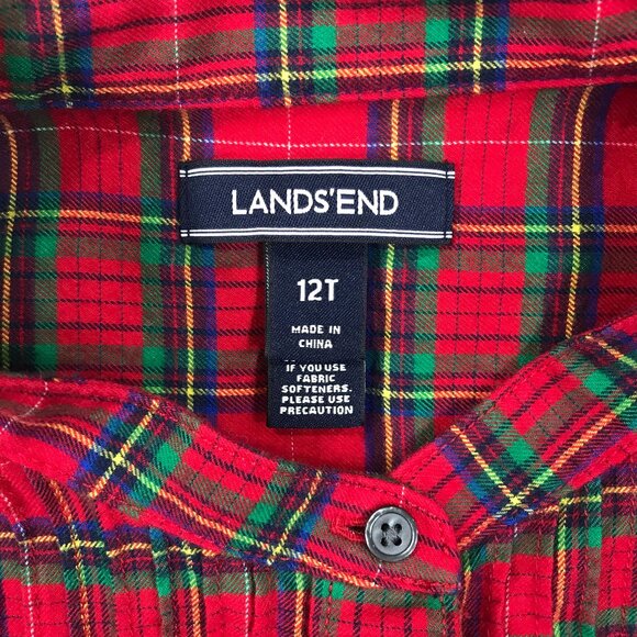 Lands' End Shirt Women's 12T Red Plaid Popover Tunic Top Flannel Roll Tab Cotton - Picture 3 of 12